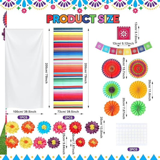 17 Pieces Mexican Party Decorations Set Mexican Paper Flowers Fiesta Ruffled Streamer Backdrop Papel Picado Banner Mexico Party Decorations for Hispanic Heritage Month , Cinco De Mayo Decor