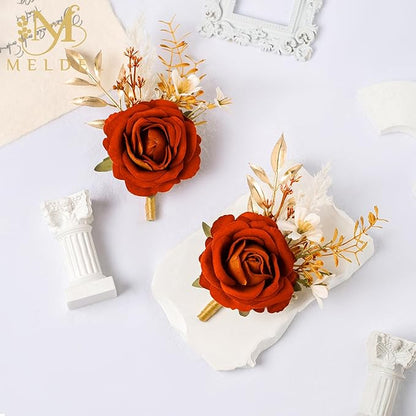 Meldel Burnt Orange Velvet Rose Boutonniere for Men,Set of 6,Groom and Best Man Boutonnieres with Artificial Flower,for Wedding Ceremony Anniversary, Dinner Party, Fall Vintage Rustic Marriage Prom