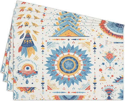 Cotton Linen Waterproof Placemats Set of 4, Bohemian Style Dining Mat Boho Table Mats Decor Fabric for Kitchen Dinner Coffee Shop Table, Indoor/Outdoor Washable Wipeable Placemat -N021