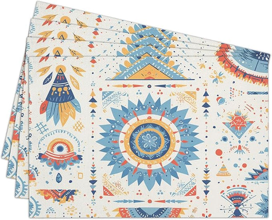 Cotton Linen Waterproof Placemats Set of 4, Bohemian Style Dining Mat Boho Table Mats Decor Fabric for Kitchen Dinner Coffee Shop Table, Indoor/Outdoor Washable Wipeable Placemat -N021
