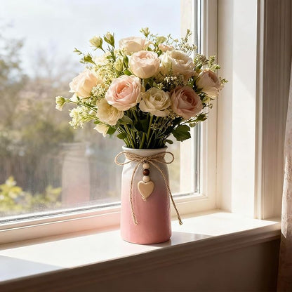 Decorative Ceramic Vase | 6-Inch with Jute Rope & Heart Charm | Perfect for Home, Office & Wedding Décor, Pink Color