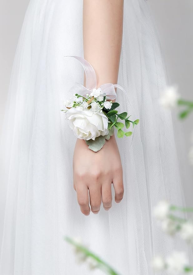 White Rose Wrist Corsages Wristlet Band Bracelet for Wedding,Set of 6, Ivory Eucalyptus Wrist Flower Wristband Hand Flower for Bride, Bridesmaid, Mother of Bride, Prom Party Decor