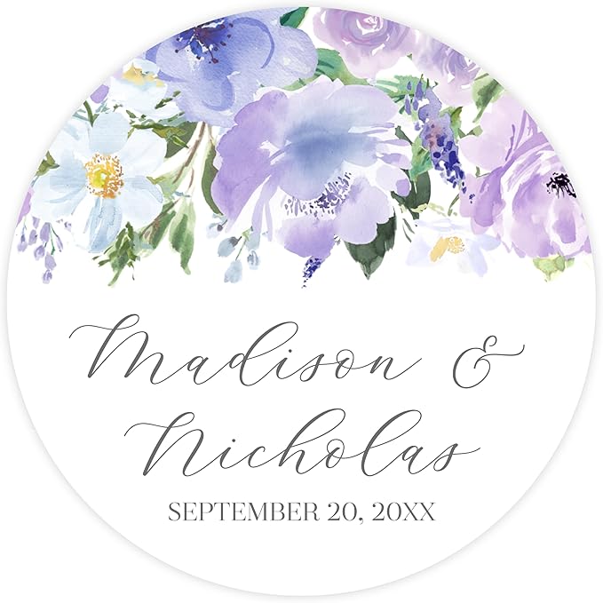 Personalized Floral Wedding Stickers with Your Choice of 30 Flower Styles - Choose Font and One of Five Pre-made Phrases or Add Custom Text (023 - Purple Flowers)