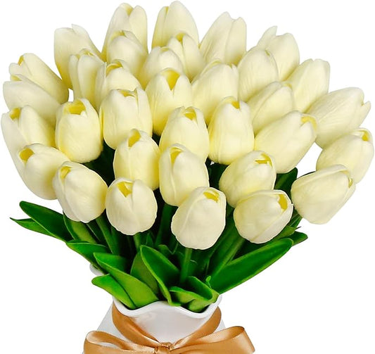 36 PCS Tulips Artificial Flowers 13" PU Fake Flowers for Wedding Home Decor(Off White)