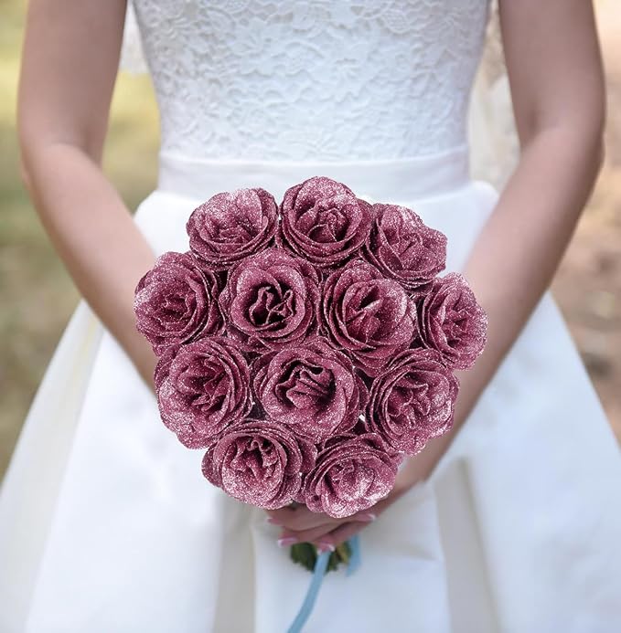Glitter Roses Bouquet,30PCS Rose Gold Flowers Artificial Roses with Stems for Wedding Bouquet Party Christmas Home Decor(Rose Gold)