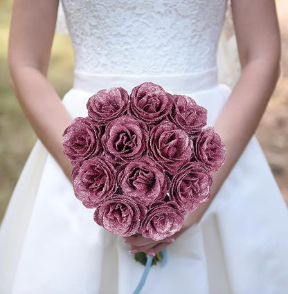 Glitter Roses Bouquet,30PCS Rose Gold Flowers Artificial Roses with Stems for Wedding Bouquet Party Christmas Home Decor(Rose Gold)