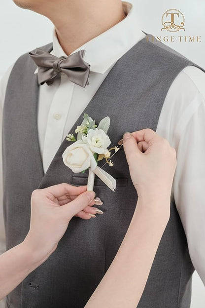 TINGE TIME Boutonniere for Men Wedding,Groom and Best Man Boutonniere for Wedding Ceremony Anniversary, Formal Dinner Party and Rustic Spring Wedding Marriage (2, Champagne)