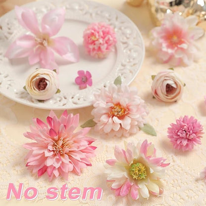 Artificial Flowers Heads Combo Pink Flowers Mix Silk Flowers Heads Faux Rose Bulk for Craft Garland Graduation Cap Wedding Bridal Baby Shower Home Party Decoration DIY Cake Decor