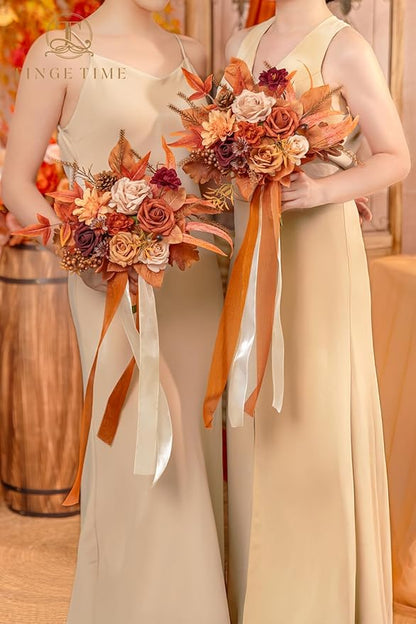 TINGE TIME 7 Inch Wedding Bouquets for Bridesmaid, Set of 4, Artificial Flowers Cascading Bridal Bouquet for Fall Wedding Ceremony Anniversary Bridal Shower and Rustic Vintage Wedding (Maple Red)