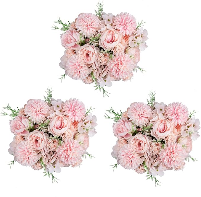 DDcafor 6 Pack Artificial Flowers, Fake Faux Peony Silk Hydrangea Plastic Carnations Daisy Realistic Flower Arrangements for Wedding Decoration Table Centerpieces, for Home Office Party Decor (Pink)