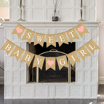 Baby Shower Banner Burlap Rustic Girl Baby Shower Decorations, Sweet Baby Girl Sign Garland for Girl Shower Decoration