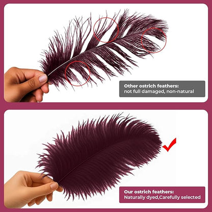 Piokio 20 pcs Burgundy Ostrich Feathers 12-14 inch(30-35 cm) Bulk for and DIY Clothes Decoration, Gatsby Decorations Wedding Party Centerpieces, Easter
