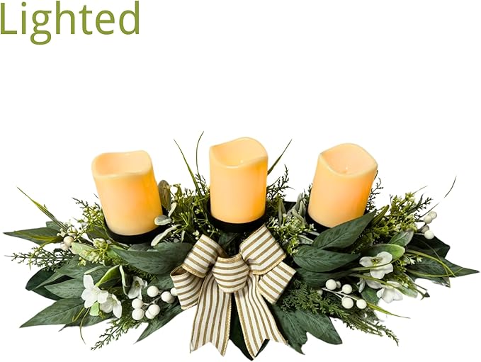 Candle Holder Centerpiece for Table,3 Wick Candle Holder with Artificial Gypsophila Flower,Artificial Eucalyptus Leaves Magnolia Holly Berries and Striped Bow for Table Centerpiece Decor,Dining Room