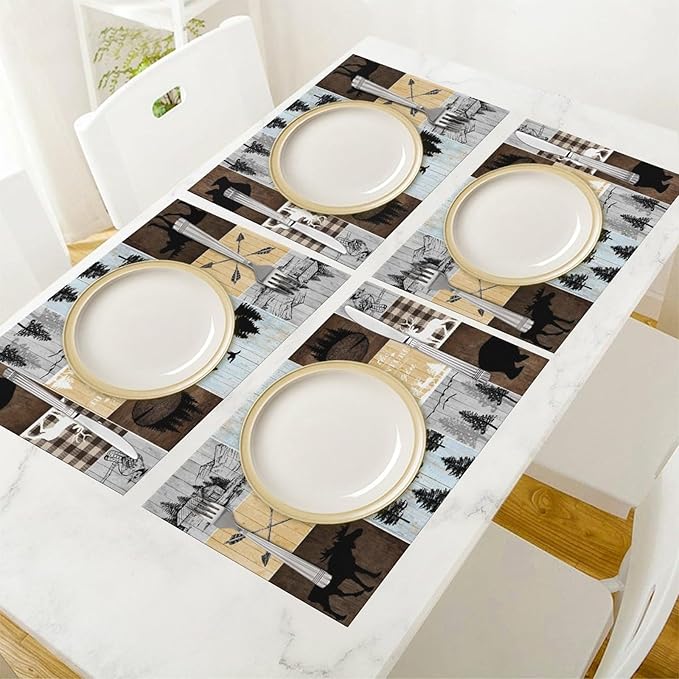 Rustic Lodge Bear Deer Placemats 4 Pcs,Vintage Cabin Pine Cone Plaid Place Mats,Linen Dining Table Mats Home Kitchen Decor, 18 X 12 Inch 4 PCS, Style-22