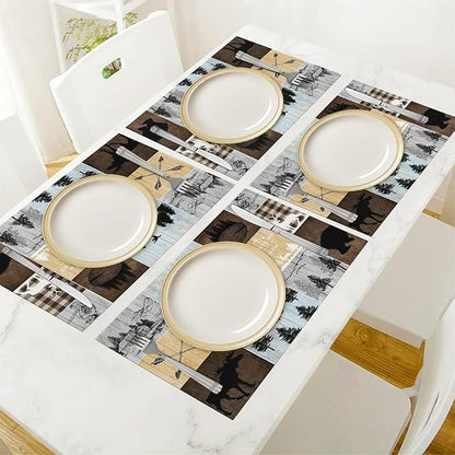 Rustic Lodge Bear Deer Placemats 4 Pcs,Vintage Cabin Pine Cone Plaid Place Mats,Linen Dining Table Mats Home Kitchen Decor, 18 X 12 Inch 4 PCS, Style-22