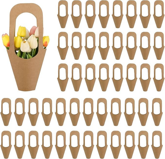 Jeqqinuz 50 PCS Flower Bags for Bouquets, Kraft Paper Gift Bags with Handle, Floral Wrapping Paper for Bouquet Packaging, Wedding Graduation Party Favors, Brown Cone Sleeves Home Decoration