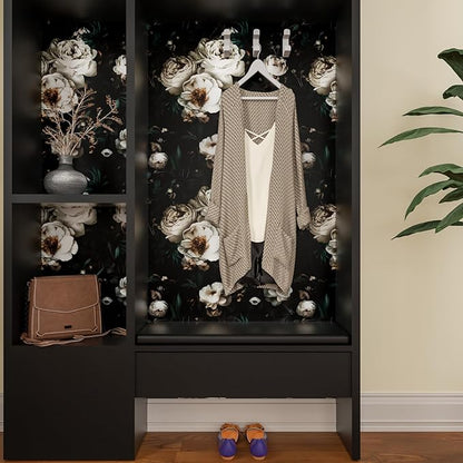Dark Floral Wallpapr Peel and Stick Boho Wallpaper 17.5in x 118in Black Contact Paper Waterproof Self Adhesive Vintage Large Floral Wall Paper for Bedroom Walls Cabinet Decor