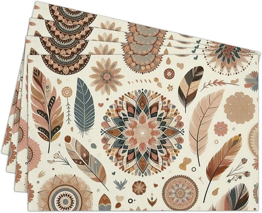 Cotton Linen Waterproof Placemats Set of 4, Boho Style Dining Mat Bohemian Table Mats Decor Fabric for Kitchen Dinner Coffee Shop Table, Indoor/Outdoor Washable Wipeable Placemat -N020