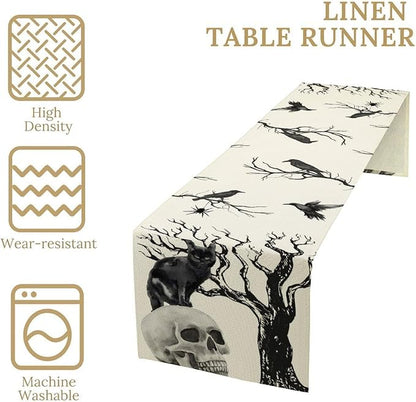 Gothic Table Runner, Black Cat Day of Death Crow Skull Halloween Witchy Retro Coffee Table Center Decor for Home Kitchen Dining Patio Holiday Party Table Decorations 13x108 inches