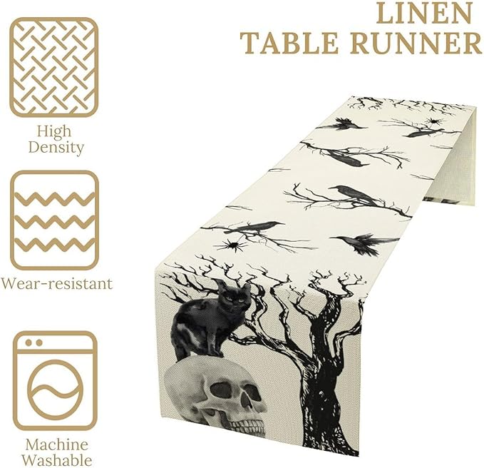 Gothic Table Runner, Black Cat Day of Death Crow Skull Halloween Witchy Retro Coffee Table Center Decor for Home Kitchen Dining Patio Holiday Party Table Decorations 13x72 inches