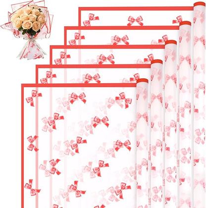 Liobelon 20 Sheets Flower Wrapping Paper Waterproof Bouquet Paper with Bow Pattern Gift Wrapping Paper for Flower Shop, Wedding, Birthday Party, Handmade DIY, Anniversary 22.8 x 22.8 Inch (Bow - red)
