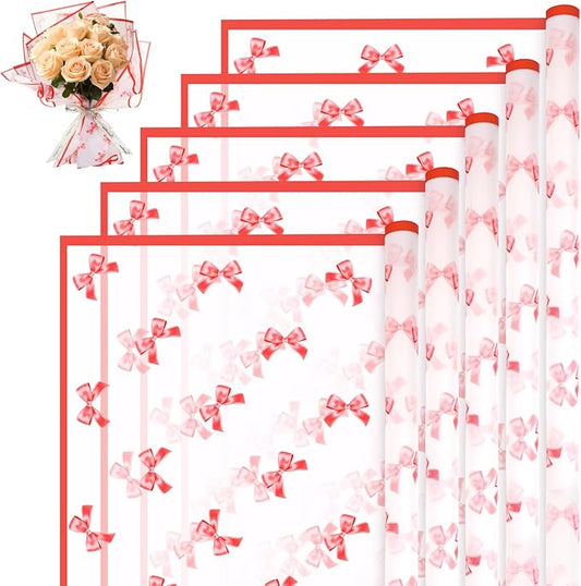 Liobelon 20 Sheets Flower Wrapping Paper Waterproof Bouquet Paper with Bow Pattern Gift Wrapping Paper for Flower Shop, Wedding, Birthday Party, Handmade DIY, Anniversary 22.8 x 22.8 Inch (Bow - red)