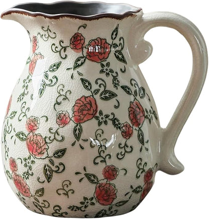 Vintage Ceramic Vase - 8.2 Inch Hand-Painted Roses with Ice Crackle Glaze Finish, American Farmhouse Style Pitcher Vase for Home Decor, Centerpiece, Shelf, Table, Office, Rustic Wedding Gift