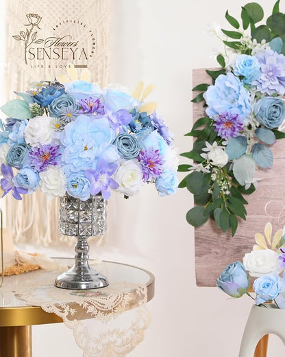 Senseya Artificial Flowers Combo, Blue Purple Silk Roses, Peonies, Dahlias with Stems for DIY Wedding Bouquets, Baby Shower, Table Centerpieces, Home Decor, Fake Floral Arrangements, Party Decorations