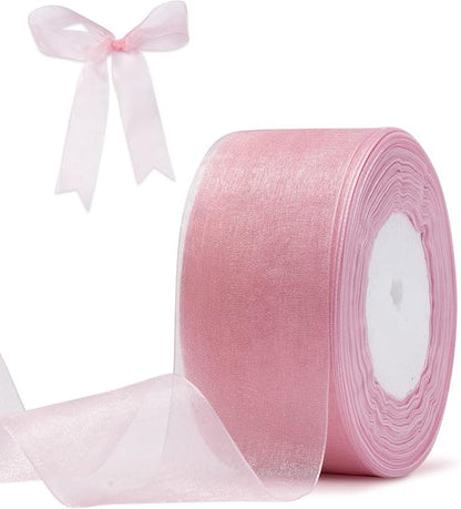 Pink Organza Ribbon for Gift Wrapping, FAKILO 2 Inch Shimmer Sheer Wrapping Ribbon for Bouquet, Wedding, Christmas Gift - 50 Yards Each Roll