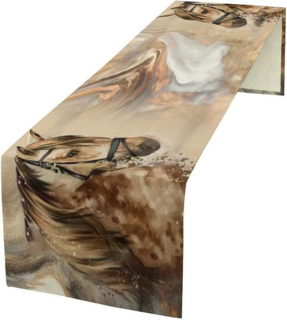 Marble Horse Table Runner, Dark Brown Marble Abstract Horse White Gold Natural Texture Dinner Runner Table Decoration for Home Kitchen Dining Holiday Party 13x70in