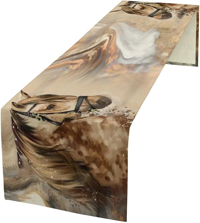 Marble Horse Table Runner, Dark Brown Marble Abstract Horse White Gold Natural Texture Dinner Runner Table Decoration for Home Kitchen Dining Holiday Party 13x90in