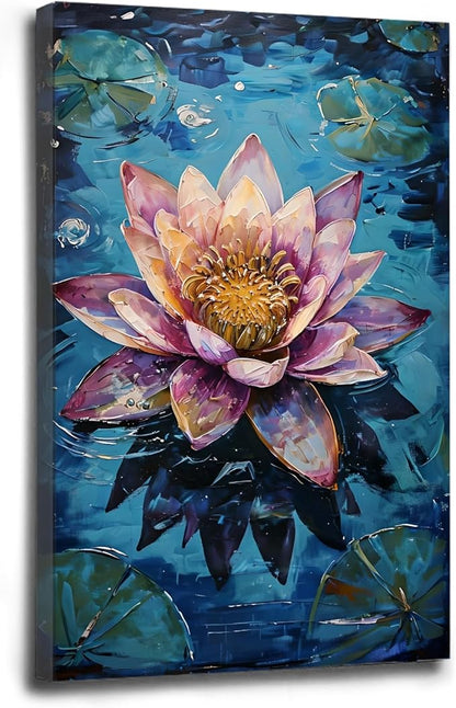 Gorgeous pink and purple water lilies on deep blue water Eye-catching oil painting Serene aquatic wall art for modern home decor 24x36in Wood Framed