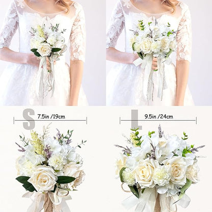 Wedding Bouquets for Bride Bridesmaid,Large Big Bridal Bouquet White Champagne Ivory Artificial Fake Silk Roses Flowers for Wedding French Vintage Boho Rustic Church Decoration Toss Bouquet (9.5in(L))