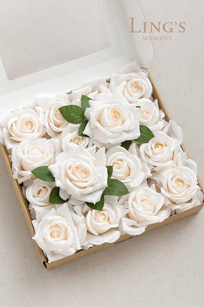 Ling's moment Artificial Flowers 16pcs Cream Silk Roses with Stems, 3.5" Fake Vendela Roses Bulk for DIY Wedding Bouquets Centerpieces Party Baby Shower Home Decoration