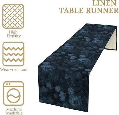 Gothic Flower Table Runner, Dark Navy Blue Flower Rose Vintage Garden Flowers Herbs Print Print Table Cover for Home Holiday Party Indoor Outdoor Decor, 13x108inch