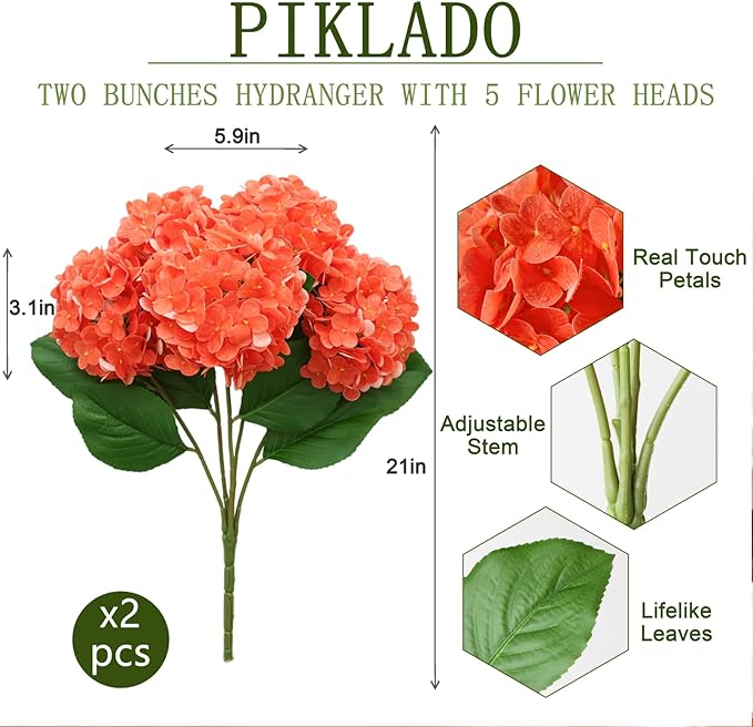 A Bunch 21in, Real Touch Hydrangea Artificial Flowers, with 5pcs Flower Head 8pcs Leaves, Faux Hydrangea Flowers for Home Office Decor Wedding Party Arrangements (2, Orange-red)