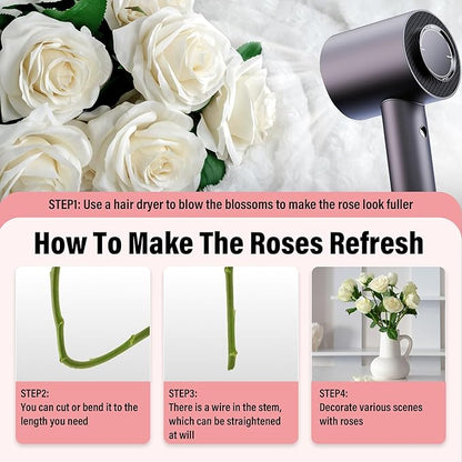 20PCS Artificial Roses with Long Stems - Realistic Silk Flowers, Fake Roses Bouquet of Roses for Home Decor, Bridal Wedding Party Table Centerpieces, Bulk Faux Rose Flowers (White Pink)