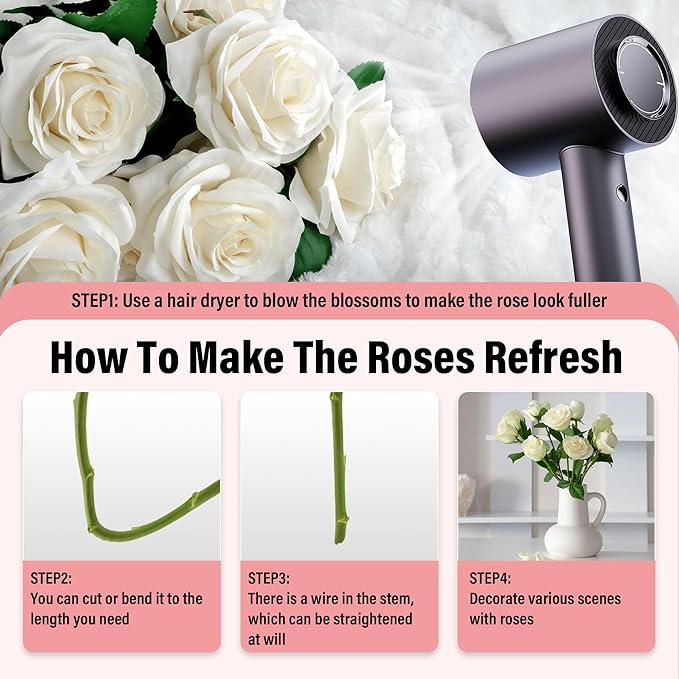 20PCS Artificial Roses with Long Stems - Realistic Silk Flowers, Fake Roses Real Touch Bouquet of Roses for Home Decor, Bridal Wedding Party Table Centerpieces, Bulk Faux Rose Flowers (White Purple)