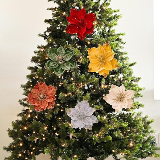 Set of 4 Gold Glitter Christmas Floral Decorations with Soft Flannelette, 15x26cm Artificial Flowers for Holiday Tree Ornaments, Wreaths, and Festive Tabletop Arrangements