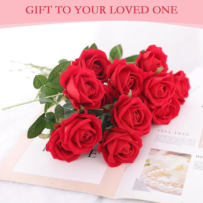 Hananona 50 Pcs Artificial Roses in Bulk, Fake Silk Red Roses Realistic Roses for Wedding Centerpieces Flower Arrangement Home Decor (50, Red)