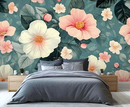 Vintage Hibiscus Flower Wall Mural, Romantic Floral 3D Wall Murals, Botanical Bloom Design Wallpaper Mural, for Living Room Bedroom Large Wallpaper Indoor Decor 197" W x124.8 H