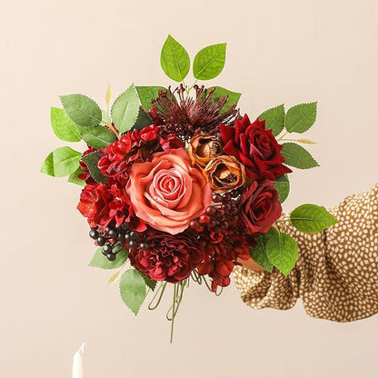 Artificial Flowers Combo Box Set Burgundy Silk Flowers for DIY Wedding Bouquet Arrangements Bridal Shower Party Home Decorations (Mature Burgundy)