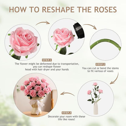 Kisflower 60 Pcs Pink Roses Artificial Flowers Bulk, Silk Roses with Stems Realistic Roses Artificial for Decoration DIY Wedding Bouquet Bridal Shower Party Home Table Centerpieces Decor (Pink)