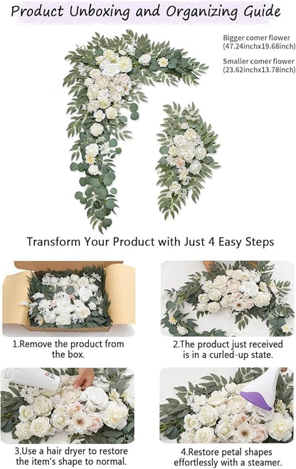 Faux Flowers Arch Flowers with Drapes (Set of 4) Wedding Decor and Wedding Arch Draping Artificial Flower Arrangements Decorations for Reception (White)