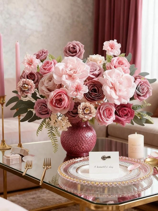 Artificial Flowers Combo Box Nude Pink Flowers Silk Fake Roses Dahlia with Stems for DIY Wedding Bridal Bouquets,Table Centerpieces,Cake Floral Arrangement,Baby Shower,Birthday Home Decor