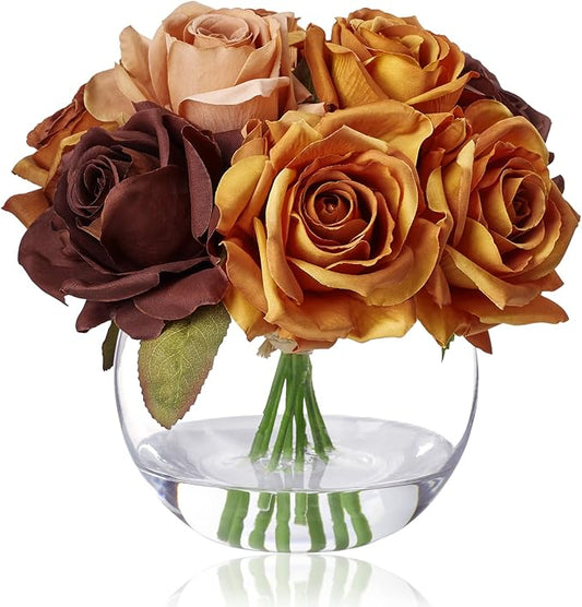 WELL KNOWN Silk Rose Artificial Flowers Arrangements with Vase, Artificial Rose Bouquet in Round Bowl Vase with Faux Water for Home Party Wedding Table Decor & Gift (Maillard Brown & Burnt Orange)