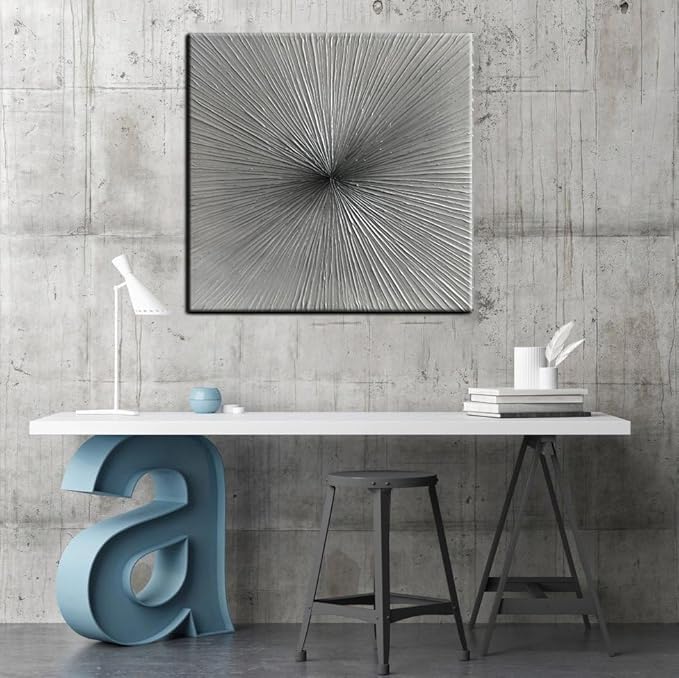 3D Abstract Art Oil Paintings on Canvas Texture Silver Gray Color Abstract Artwork Modern Home Decor Canvas Wall Art Ready to Hang for Living Room Bedroom 30x30inch