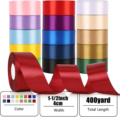 NESCCI 16 Colors 400 Yards Ribbon,1-1/2 Inch Satin Ribbon,Single Face Satin Ribbons, Perfect for Gift Wrapping, Wedding Decoration,Handmade Bows,Wrapping Bouquet and More