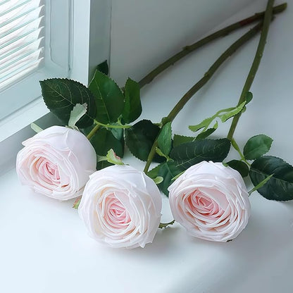 5Pcs Light Pink Real Touch Artificial Silk Flowers with Stems - Lifelike Latex Austin Rose Peony for Wedding Bouquets, Home Decor, DIY Floral Arrangements