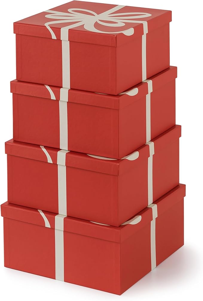 Soul & Lane Christmas Square Decorative Boxes with Lids - Set of 4 - Festive Red, Reusable Large Nesting Holiday Gift Boxes for Presents and Décor